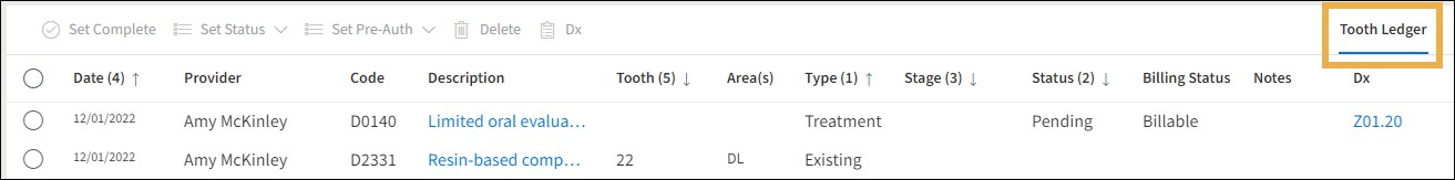 The Tooth Ledger showing all columns and a yellow highlight box around the Tooth Ledger tab.